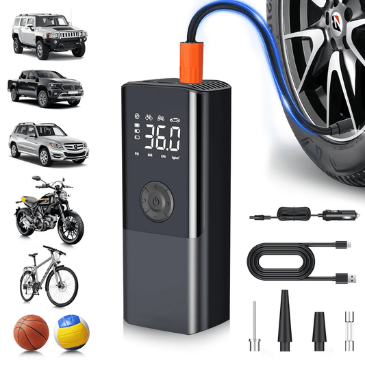 AOMBOO Tire Inflator Portable Air Compressor, for Car Tires with Automatic Shutoff, 150 PSI Digital Pressure Gauge, Emergency LED Light, Cordless and Compact Automotive Pump, Black