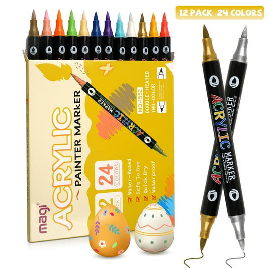 Acrylic Paint Markers Set,Dual Tip Dual-Color Acrylic Paint Pens,12 Pack 24 Colors Acrylic Markers,Paint Pens for Rock,Canvas,Glass,DIY Crafts, and Art Projects-Versatile Two-Color in One Pen