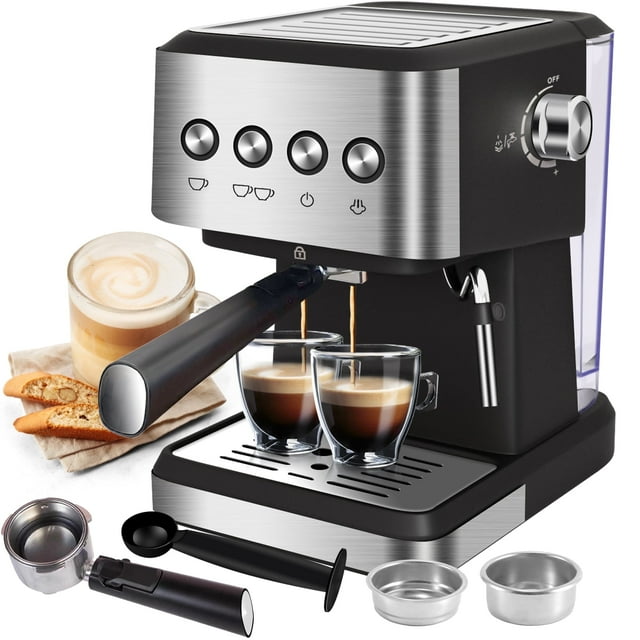 Bluebow Espresso Machine 20 Bar, 1.5L Water Tank Milk Frother Steam, Stainless Steel Coffee Maker, Silver