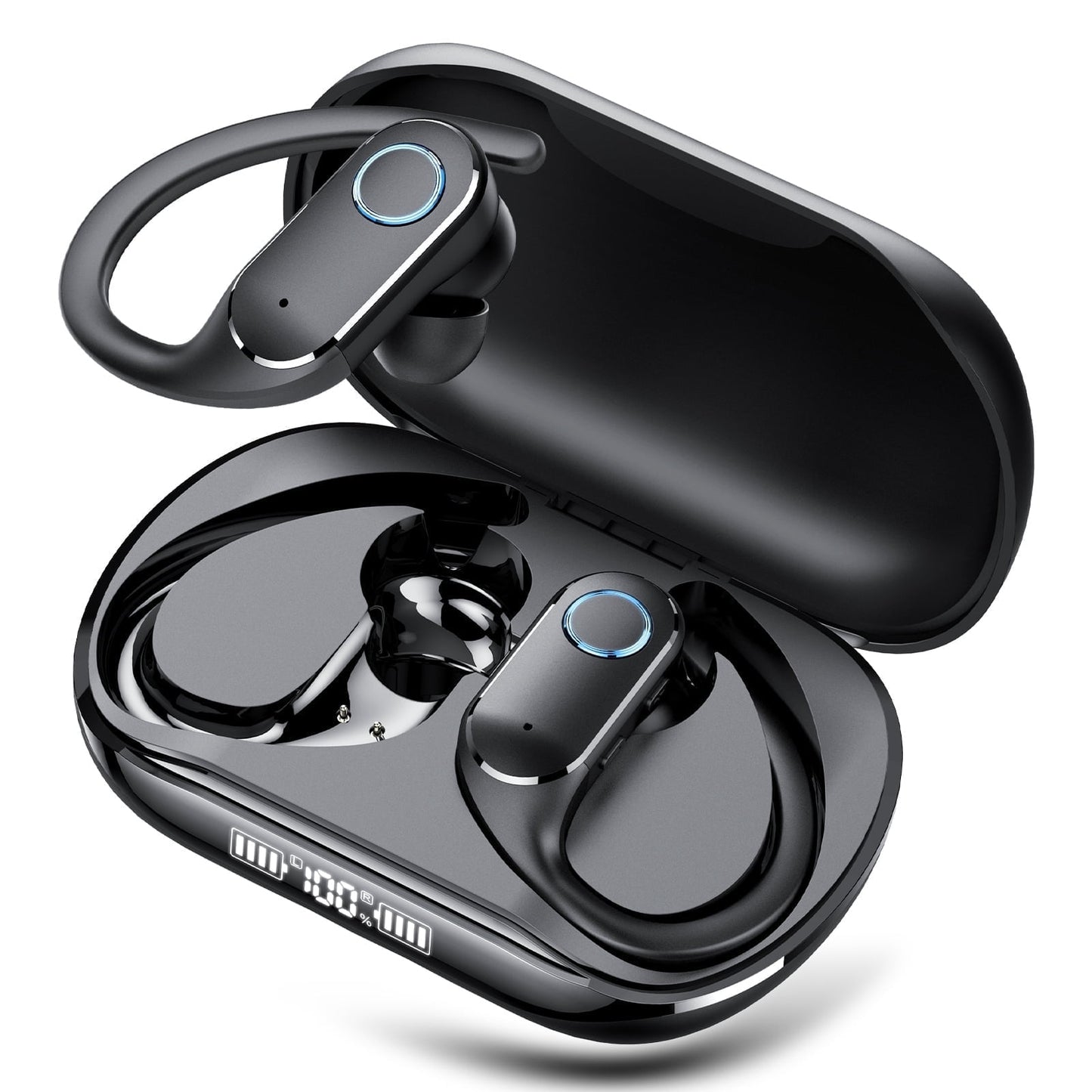 Bluetooth Headphones 5.3, Over-Ear Headphones Built-in 4 ENC Mics, 25Hrs Playtime Wireless Earbuds, Bass Boost 85%, IPX7 Waterproof Ear Buds with Earhook for Exercise Running Sports Black
