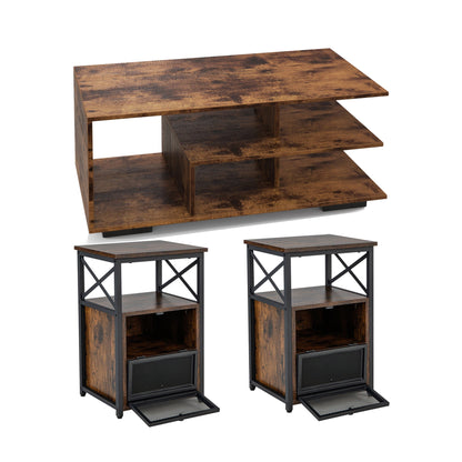 Finihen 3-Piece Industrial Coffee Table Set, Rectangular Coffee Table with L-shaped Middle Shelf & 2 Modern Nightstands with 2 Flip Drawers and Open Shelf, for Living Room, Brown