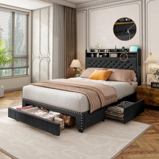 Linor Full-Size Upholstered Platform Bed Frame with 2-Tier Storage Headboard, 3 Drawers, USB Port, LED Lights, Black