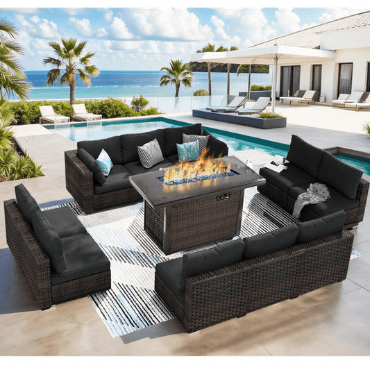 Grezone 11 PCS Outdoor Patio Furniture Set with Fire Pit Table, Wicker Patio Conversation Set, Black