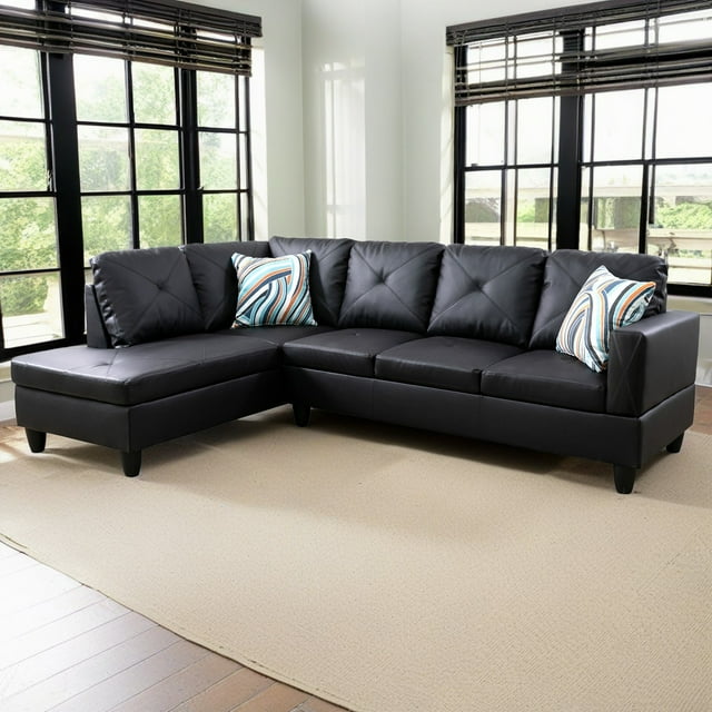Hommoo Faux Leather 4-Seat Couch Living Room Sofa Set, L Shaped Couch Sofa Set, Chaise Lounge Sectional Sofa for Home, Apartment, Dorm, Black(Without Ottoman)