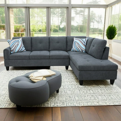 Hommoo Flannel Living Room Furniture Sets, 4-Seat Couches and Sofa Set, L Shaped Couch Set Sectional Sofa Set for Home, Apartment, Dorm, Dark Gray(No Ottoman)