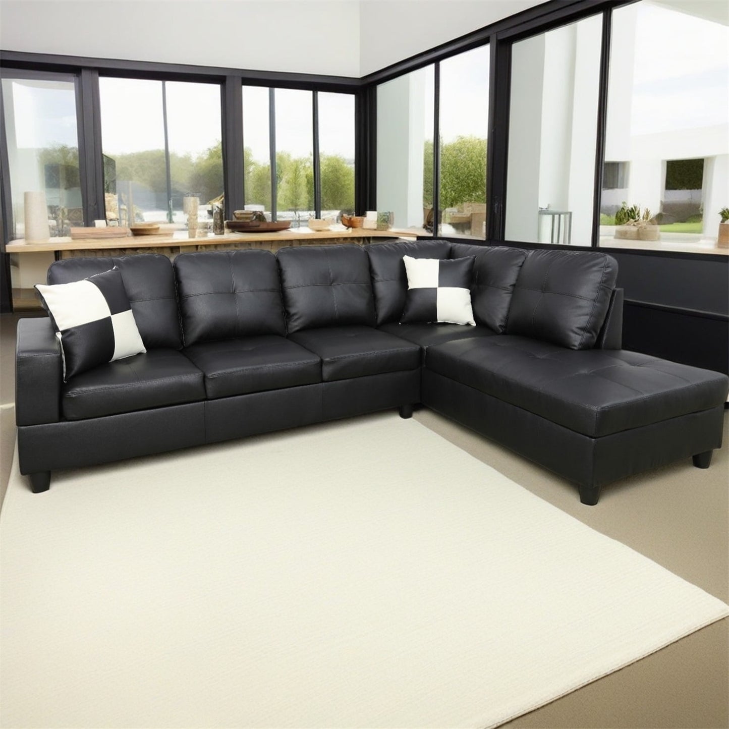 Hommoo Sofa Set, Faux Leather 2-Piece Couch Living Room Sofa Set,L-Shaped Sectional Sofa,Sectional Couches for Living Room, Black