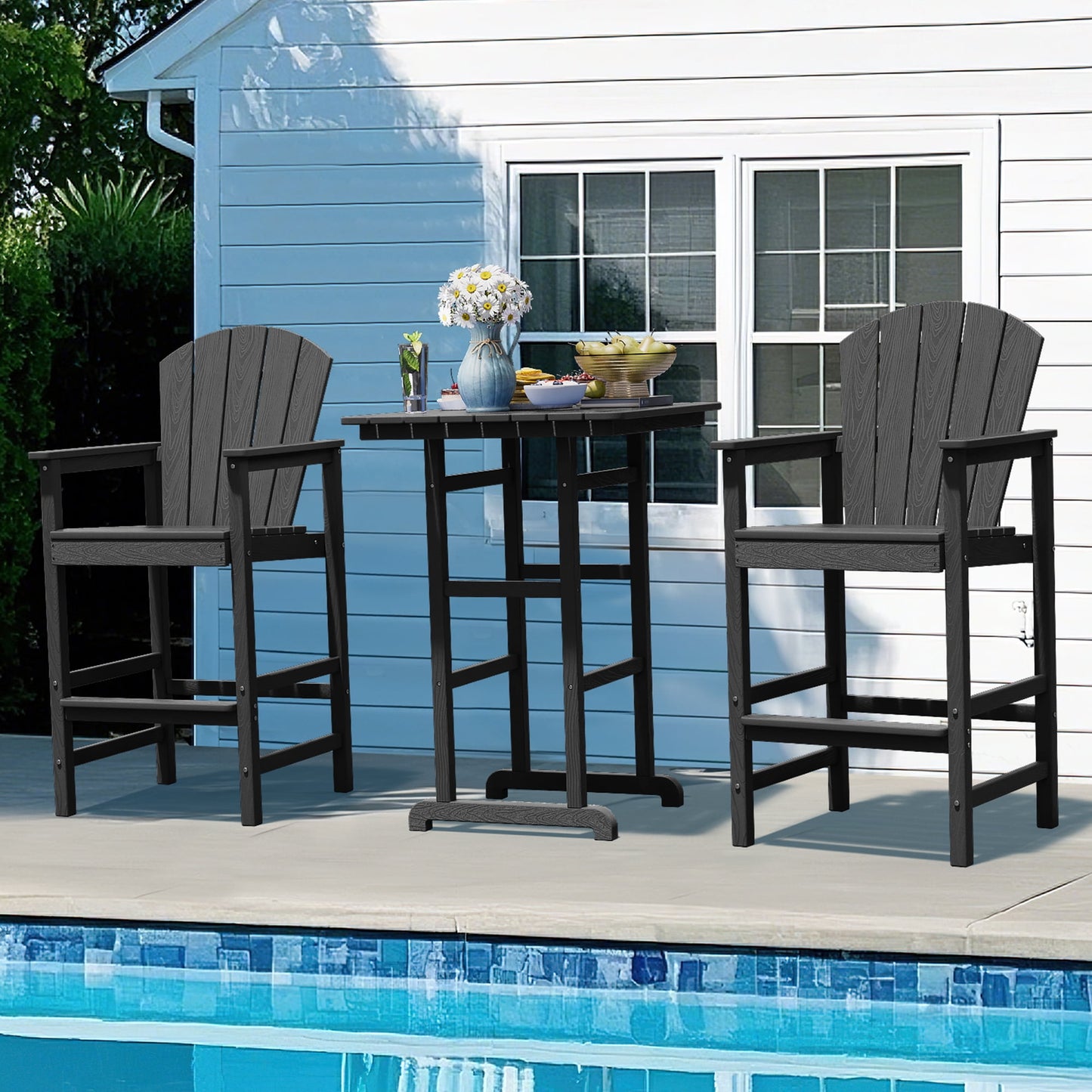 JUSTLET 3 Piece High Bar Set, HDPE Eco-Friendly Weatherproof Material, 2 High Bar Chairs and 1 Table, Frog Themed Patio Furniture, Indoor/Outdoor Bistro Set, Black
