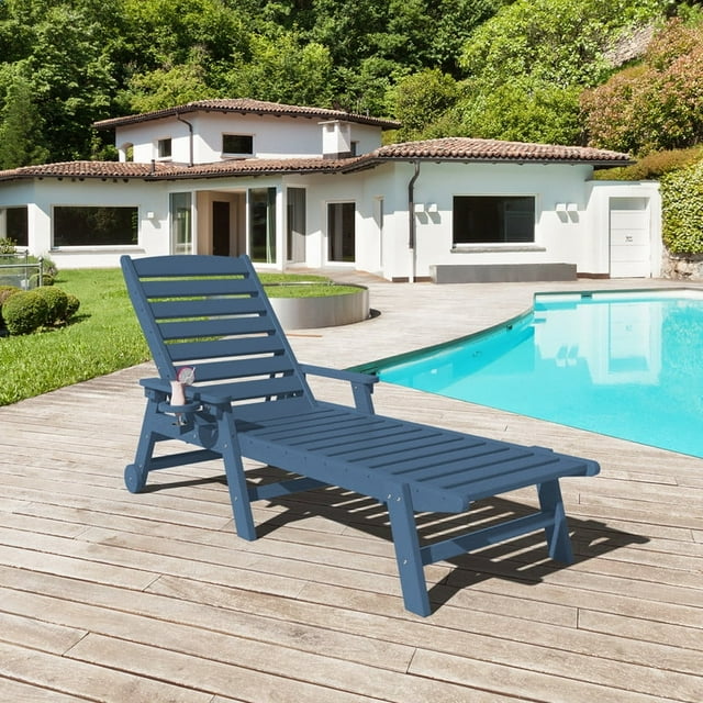 JUSTLET Adjustable Wheeled HDPE Plastic Outdoor Patio Lounge Chair W/ Cup Holder,78.3"x25.1"x16.3", Navy Blue