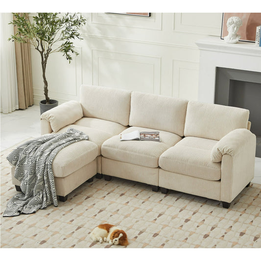 JUSTLET Modular Sectional Sofa, L Shaped Corduroy Sofa Couch, Modular Sectionals with Ottomans, 4 Seat Sofa Couch with Chaise for Living Room Bedroom, Beige