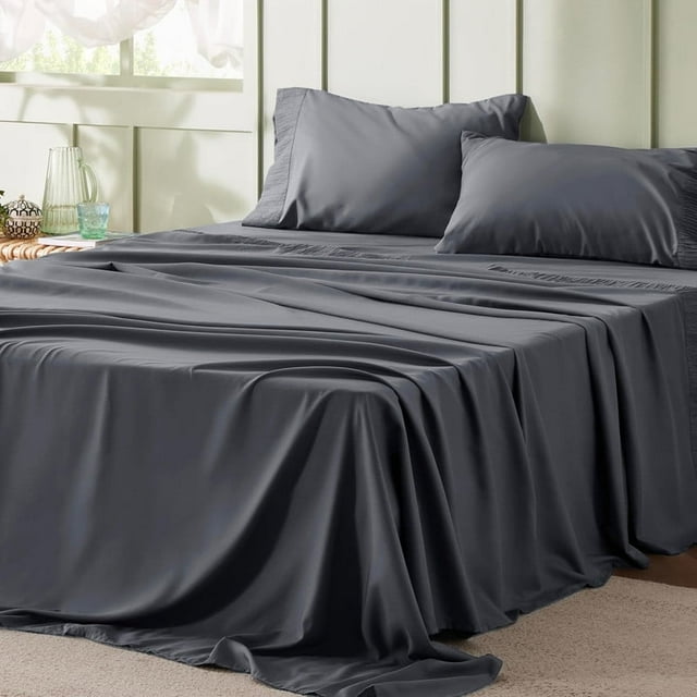 JUSTLET Queen Size Sheet Set, 4 Pieces Soft Sheets Includes 1 Flat Sheet, 1 Fitted Sheet, 2 Pillow Cases, Breathable Cooling Beddiing with Extra Deep Pocket and Easy Care, Grey