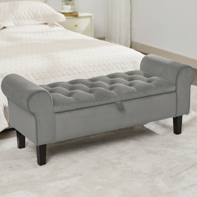 JUSTLET 48" Large Storage Ottoman Bench for Bedroom, End of Bed Bench with Storage with Rolled Arm, Shoe Rack Bench for Living Room Entryway, Gray