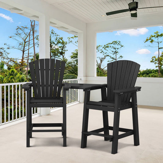 JUSTLET Tall Plastic Adirondack Chair Set of 2 W/ Outdoor Barstools and Connecting Tray, Black
