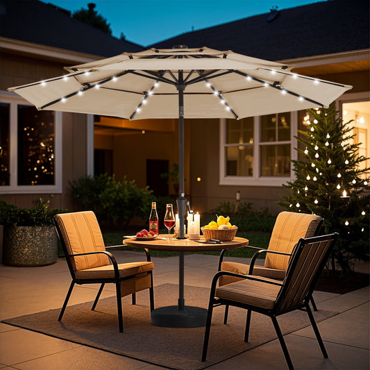 JUSTLET Upgraded 9ft Outdoor Solar Market Umbrella with LED Lights for Patio and Garden，Beige