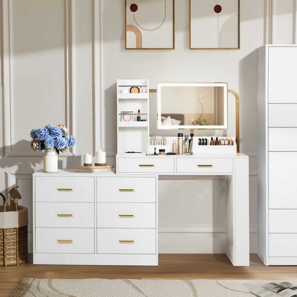 Kadyn Modern White 8-Drawer Dresser for Bedroom,Vanity Desk with Lighted Mirror, White