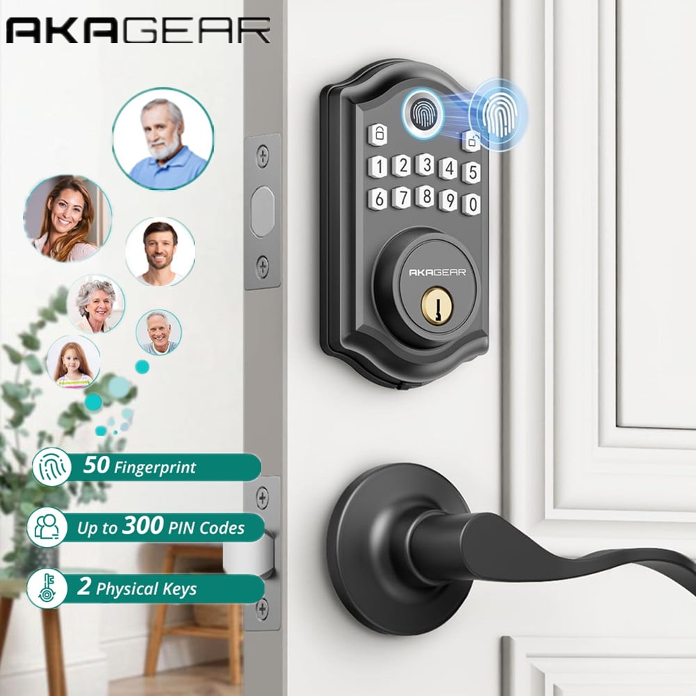Keyless Entry Door Lock with Handle Set, Fingerprint Door Lock , Electronic Keypad Deadbolt, Digital Smart Code & Front Handle Sets, Auto-Locking, Easy Installation, Black