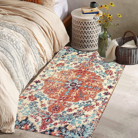 Lahome Decor 3’x5' Area Rug for Living Room Washable Entryway Rug Boho Floral Medallion Front Door Mat Non Slip Vintage Indoor Accent Carpet for Laundry Room Bedroom Kitchen Apartment, Orange