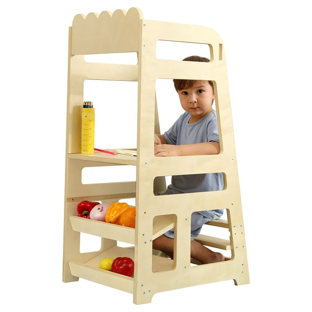 Lauon Step Stools for Kids, Adjustable Height Toddler Montessori Wooden Tower - Safe Anti-Drop Kitchen Stool Helper, Standing Tower for Bathroom & Counter