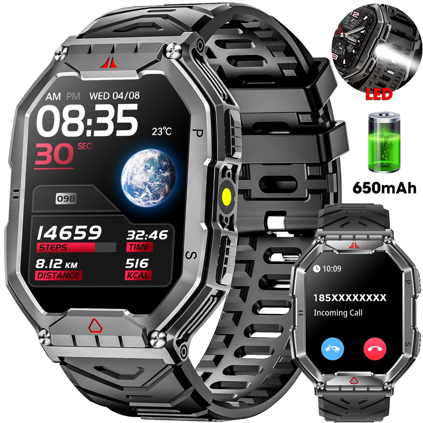 Mingdaln 2.1-Inch Military Outdoor Men's Smartwatch with Fitness Tracker, Answer/Dial/100+ Sport Modes, 1ATM Water Resistant, Mountain Travel Pedometer Watch for Android and IPhone Devices (Black)