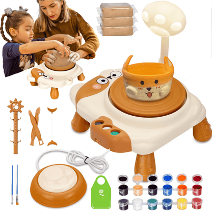 Tiny Pottery Wheel,Pottery Machine,Pottery Kit for Kids with 3 Clays,Cat Pottery Machine with Adjustable Speed,Air Dry Sculpting Clay and Craft Paint Toy Kit