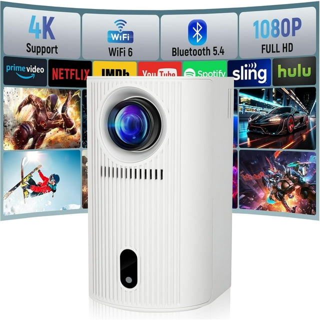 Mini Projector with WIFI 6 and Bluetooth, 4K 1080P Support Projector creen Movie Projector Auto Keystone Compatible for Laptop, PC, Smartphone