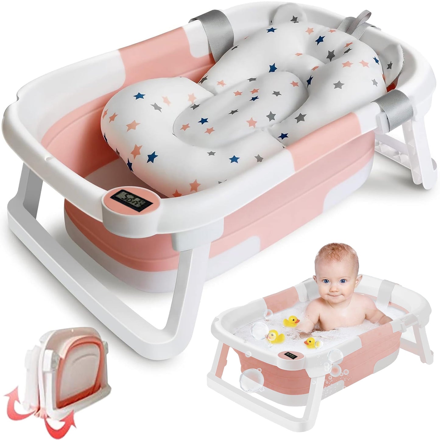Morfone Collapsible Baby Bathtub, Baby Bath Tub with Soft Cushion & Thermometer, Baby Bathtub Newborn to Toddler 0-36 Months, Portable Travel Baby Tub, Pink