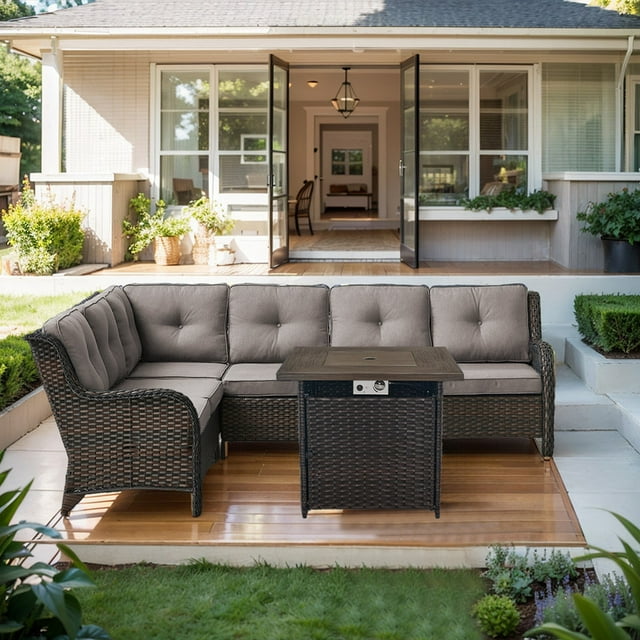 PARKWELL Outdoor Patio Furniture Set with Fire Pit Table,All-Weather Conversation L-Shaped Sectional Sofa with No-slip Thick Cushions,Backyard Porch Garden Poolside Balcony Set,Brown/Gray