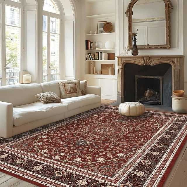 Pentantan 5'x7' Area Rug for Living Room, Red Retro Style Washable Rug with Anti-Slip Backing