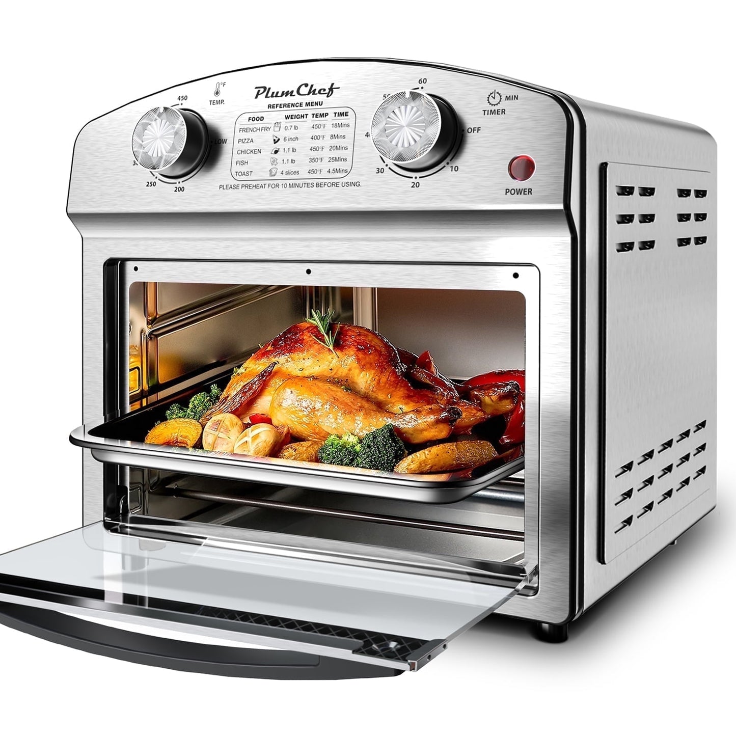 Plum Chef Air Fryer, 13QT Oil-Less Air Fryer Toaster Oven, Perfect for Countertop, 1500W, Stainless Steel, Silver
