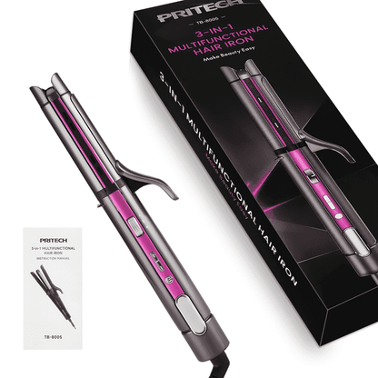 Pritech Curling Iron，3 in 1 Ceramic Curling Wand,Hair Straightener, Fast Heating, Digital Display, All Hair Types