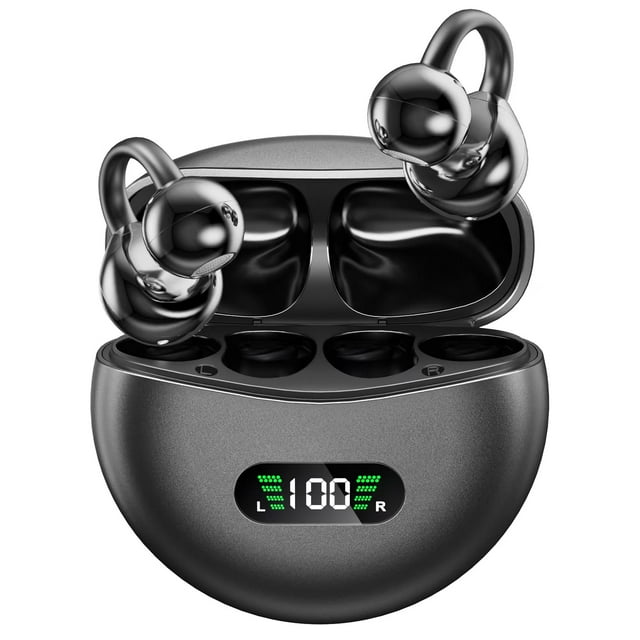 QUETTIO Open Ear Clip Headphones Wireless Earbuds Bluetooth 5.4 Sports Earphones Wireless Charging Case & LED Power Display Waterproof Fitness Headphones for Running