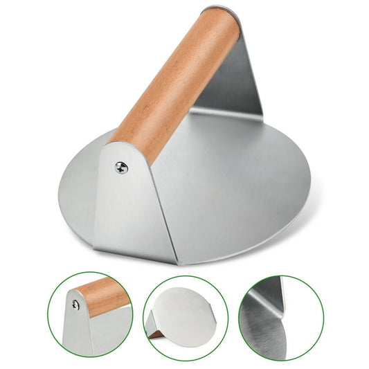 Qissep 5.5 inch Round Non-Stick Stainless Steel Burger Smasher,Wooden Handle,for Kitchen Cooking,Grilling
