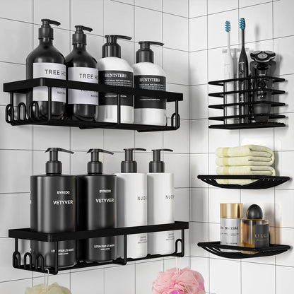 Sakugi Corner Shower Caddy - Adhesive Shower Organizers, Rustproof Stainless Steel Shower Shelves with 8 Hooks
