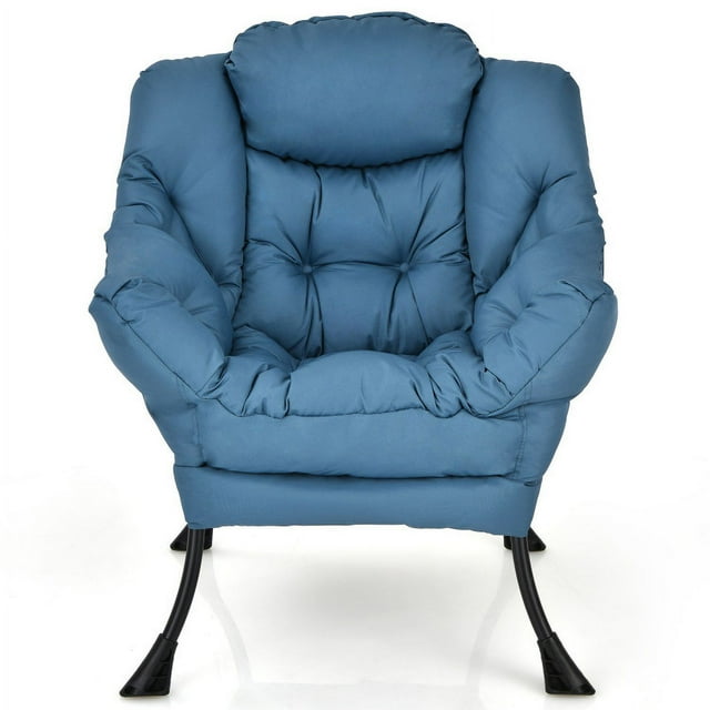 Spaco Modern Polyester Fabric Lazy Chair, Accent Oversized Comfy Reading Chair, Thick Padded Cozy Lounge Chair with Steel Frame and Side Pocket for Living Room, Bedroom, Dorm, Navy