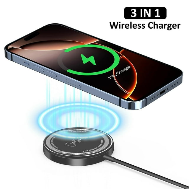 ZAP 3 in 1 Magnetic Wireless Charger-15W Wireless Charger Fast Charging Pad Compatible with iPhone 16/15/14/13/12Pro/Pro Max/Plus/Mini & AirPods 2/3/Pro & iWatch(Black),1 Pack