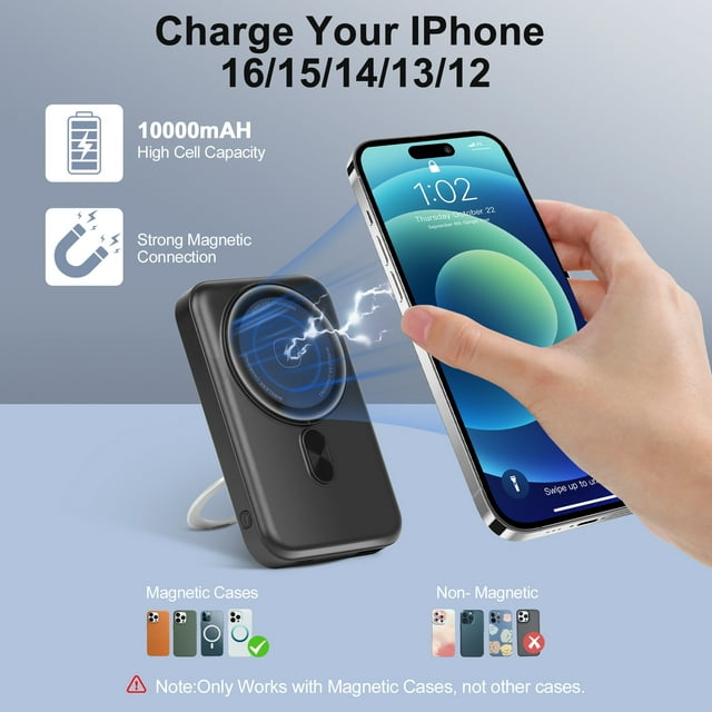 BUSATIA Magnetic Power Bank, 10000mAh Foldable Wireless Portable Charger with USB-C Cable, for Mag-Safe Battery Pack 22.5W PD Fast Charging for iPhone 16/15/14/13/12 Pro/Pro Max/Plus/Mini
