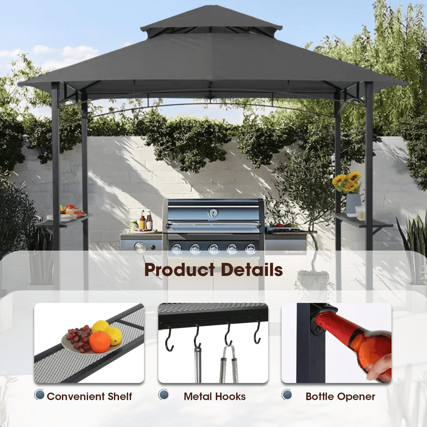Grezone Outdoor Grill Gazebo Tent BBQ Canopy for Outdoor Grill Shelter BBQ Grill Gazebo Hardtop (L96 x W60 x H101 Inch) Grey