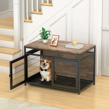 HIJOB Dog Crate Furniture, Three-Door Pet Kennel Indoor with Removable Tray, End Table for Home, Heavy Duty Wood Dog Crate House for S/M/L Size Dogs, 37.4" L, Rustic Brown