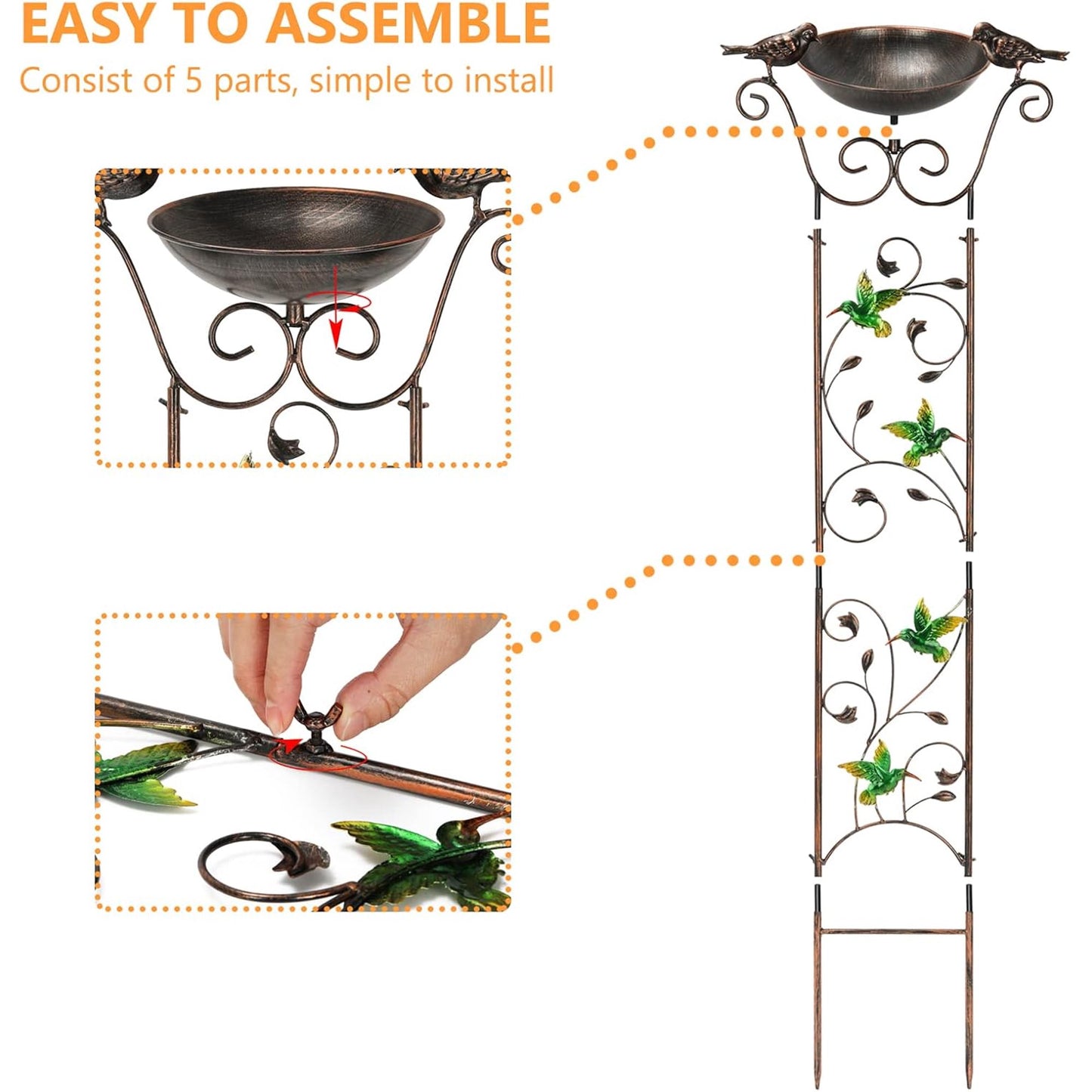 Antique Garden Iron Trellis with Decorative Hummingbirds Detachable Bird Bath Bowl Metal Potted Plant Support for Climbing Flowers