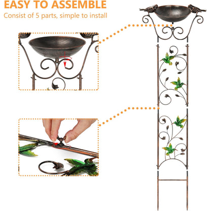 Antique Garden Iron Trellis with Decorative Hummingbirds Detachable Bird Bath Bowl Metal Potted Plant Support for Climbing Flowers