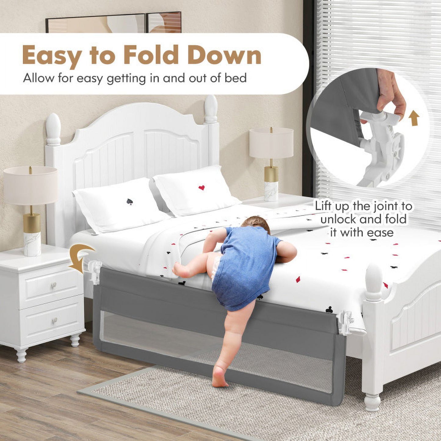 Spaco 71 Inch Extra Long Swing Down Bed Guardrail, Toddler Bed Rails with Safety Straps-Gray, Bed Rail for Toddlers, Bed Rail for Queen, King, Twin, and Bunk Size Beds