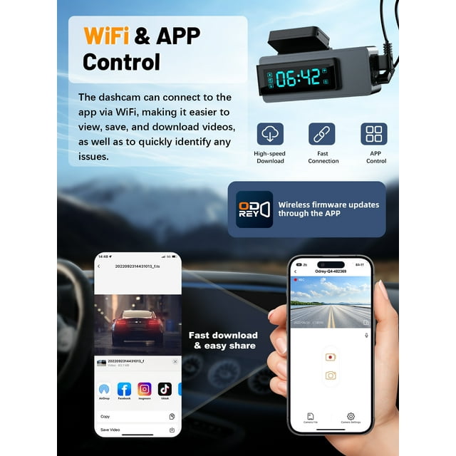 ODREY Dash Cam Front and Rear, 2.5K+1080P WDR Dash Camera for Cars, 4K Single Front Built-in WiFi Car Camera with G-Sensor, Super Night Vision, 64GB Card, Loop Recording, Parking Mode