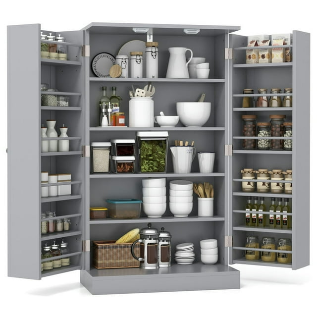 Spaco 17-Tier Kitchen Pantry Cabinet with 2 Doors and 6 Adjustable Shelves, Cabinet to Storage Book, Shoes and Clothes, Freestanding 5-Tier Shelving, Gray