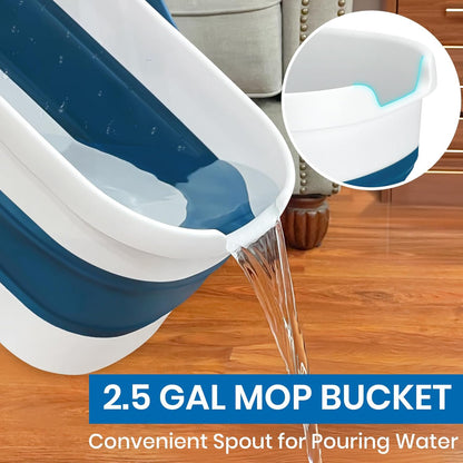 ILAVCLEAN Flat Mop and Bucket for Floor Cleaning, Foldable Bucket with Wheels, 5 Washable & Reusable Microfiber Pads