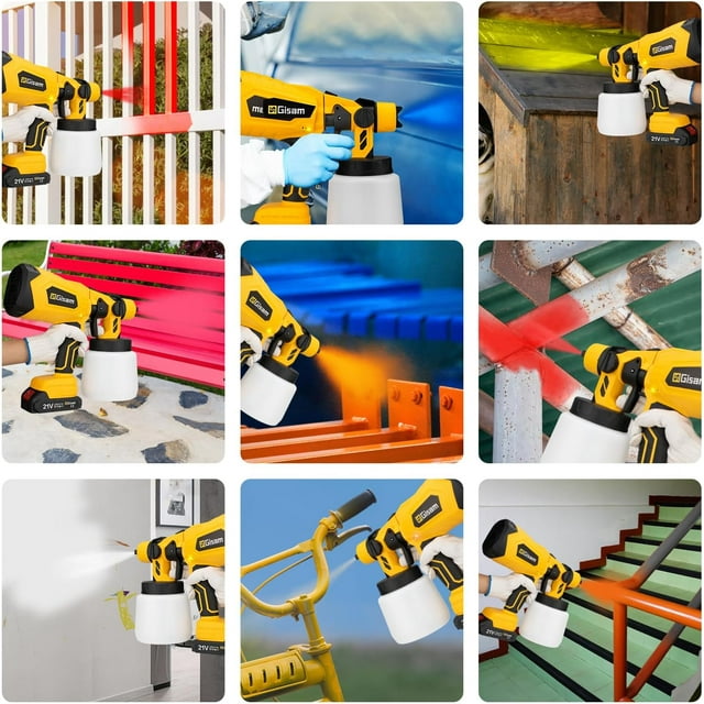 Gisam Brushless Paint Sprayer with 2 Batteries Cordless Spray Paint Gun, Electric HVLP Painting Tool for Furniture Cabinets Fence House Painting