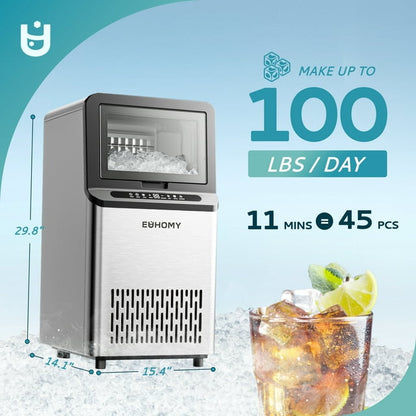 EUHOMY Commercial Ice Maker Machine, 100lbs/24H Stainless Steel Under Counter Ice Machine