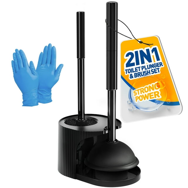 propuri 2 in 1 Toilet Plunger and Brush Set，Extended Handle Plunger,Bathroom Cleaning Tools, Black